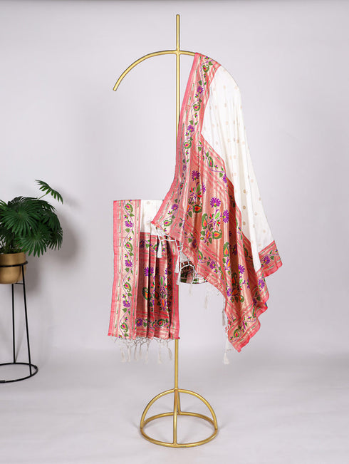 White Color Weaving Zari Work Jacquard Paithani Silk Dupatta